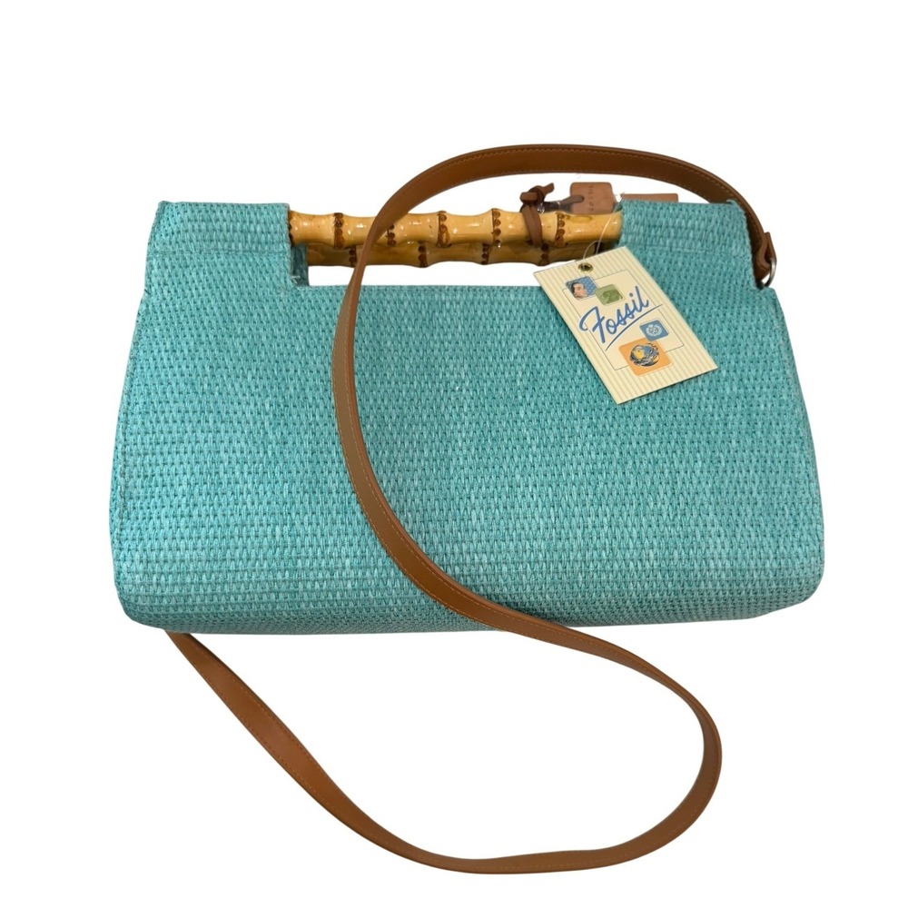 Fossil Straw Bamboo Handle Crossbody Bag Turquoise Blue Woven Summer Handbag NEW - Picture 12 of 12